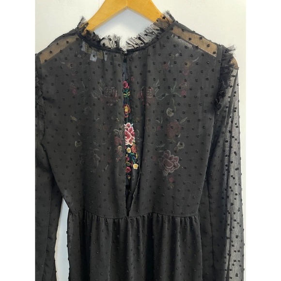 Braeve Women’s XS Embroidered Sheer Swiss dot Midi Dress Black Floral Ruffle - Picture 6 of 6